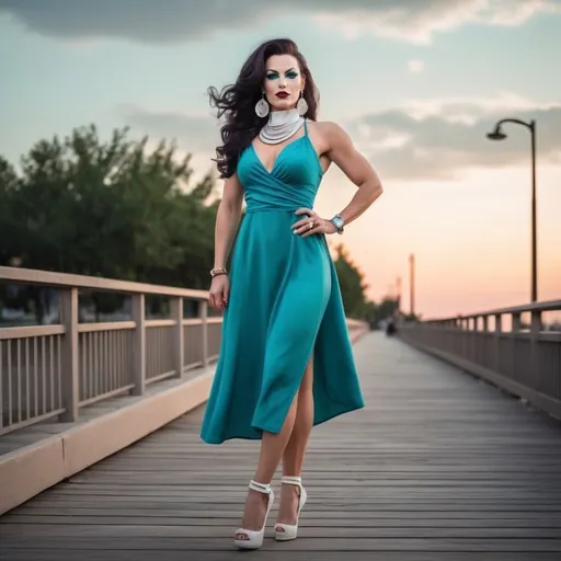 Prompt: Here's a prompt:

"Generate an image of a stylish and confident 35-year-old Hungarian drag queen bodybuilder wearing a cute teal and white long flowing sundress. Face has strong masculine jawline and brow. Dark eyeshadow and dark lipstick. Large busom. Short dark read hairstyle. 

Outfit:

- Sundress: light and long, flowing teal and white stripes
- Shoes: White stiletto heels
- Accessories: Minimalist jewelry, such as a simple watch and hoop earrings

Pose:

- Standing carefree and confident 
- Slightly angle the body, showcasing the outfit's silhouette
- Gaze directly at the camera with a subtle smile

Background:

- boardwalk at sunset

Style:

- Modern, sophisticated, and effortlessly chic
- Emphasize the harmony of teal and white hues
- Capture the individual's poise and confidence

Generate a high-quality image showcasing the perfect blend of style, elegance, and modern flair."