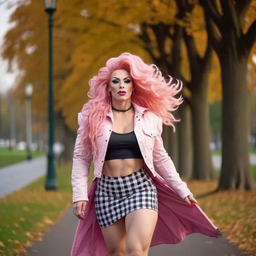 Prompt: Tall gorgeous muscular 25-year-old Finnish drag queen bodybuilder with big busom and extremely long wavy pink hair ((((blowing in the wind)))), cute crop top with jacket and trendy checked very skimpy skirt, 8 inch stiletto high heel shoes, walking through the park at sunrise. Composition focus on long legs.