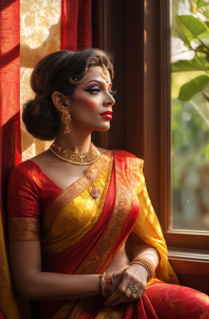 Prompt: a drag queen in a red and yellow sari sitting on a window sill looking out the window of a house, Ella Guru, samikshavad, jayison devadas, a photorealistic painting