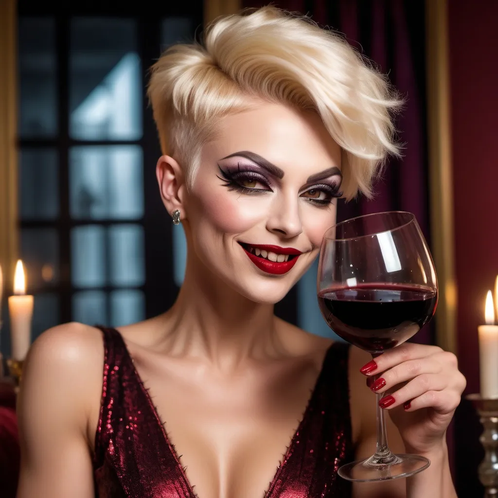 Prompt: A gorgeous ultra-muscular 25-year-old Russian drag queen with very short spiky blonde pixie hair (dark eyeshadow and dark red lipstick) at a dinner party drinking red wine and laughing