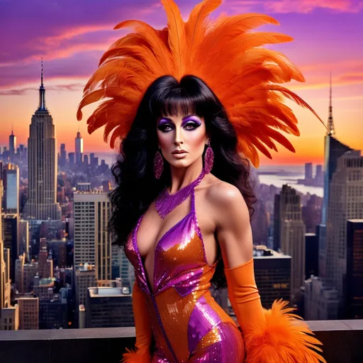 Prompt: Sylvester Stallone dressed as a 25-year-old gorgeous drag queen Cher posing on the ledge of a building, high above NYC.