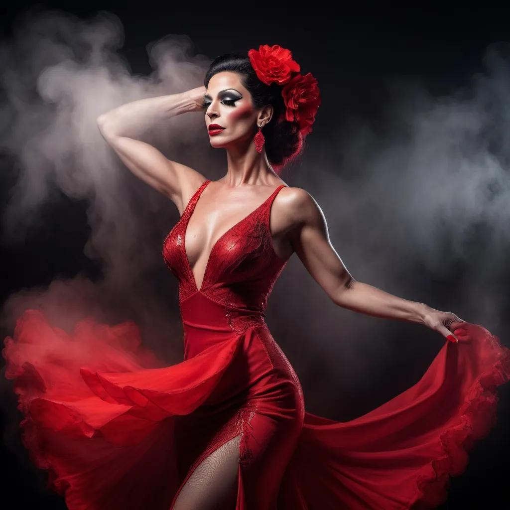 Prompt: a beautiful and sensual 35-year-old drag queen flamenco dancer in red dress dancing gracefully, dark minimalist background, gorgeous detailed face features, background space around her, 
Splash art, hyper detailed, ultra realistic, highly detailed, surreal heavy mist,
Perfect studio lighting, perfect shading, impeccable contrast, HDR, UHD, high res, 64k