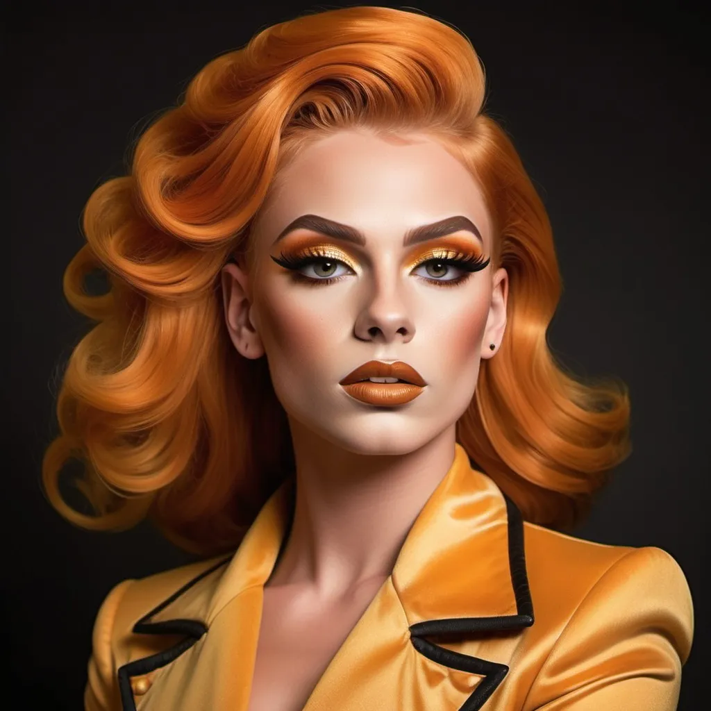 Prompt: "A gorgeous muscular 18-year-old Austrian drag queen with striking orange hair and brown eyes that shimmer with a golden hue. She has a sharp, regal face (strong masculine jaw and brow) and an air of authority. Known as the 'Golden Dutchess,' she is tall and muscular, exuding confidence and refinement. Dressed in a tailored noble coat with intricate detailing, she stands in a grand hall, her demeanor poised yet guarded, hinting at a troubled past beneath her polished exterior."