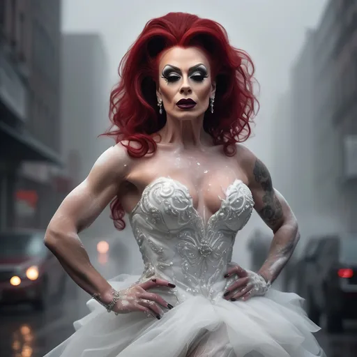 Prompt: full body shot, splash art, hyper detailed, ultra realistic, highly detailed, surreal heavy mist, AI defined exquisitely beautiful, totally ultra realistic muscular 35-year-old Polish drag queen with lusciousdark red hair, masculine jawline and brow, ultra glamorous bride, dark eyeshadow, 
Dark red lipstick, walking in a swirling fog, micro dress, on the grass, 

perfect shading, impeccable contrast, HDR, UHD, high res, 64k, cinematic lighting, special effects, hd octaneArtgerm, WLOP, dynamic studio quality lighting hyper-detailed, intricately detailed, Splash art, trending on Artstation, triadic colors, Unreal Engine 5 volumetric lighting, unreal engine, octane render.