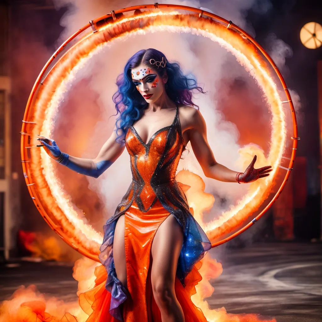 Prompt: Watercolor impressionist art, professional elegant circus stunning muscular 25-year-old French drag queen performer wearing intricate dance outfit playing a set of hula hoops made of lava elements and burning charcoal with elegant action on top of a building , and  a fire elements come out from inside her forming a orange and red trail of sparkling dress, illuminated bokeh twinkling glittery background. studio lighting. Mesmerizing and spectacular splendid performance. Masterpiece of art, thrilling and exciting to view from the audience.