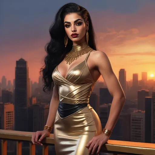 Prompt: a gorgeous muscular 21-year-old Egyptian drag queen (strong masculine jawline and brow facial features) bodybuilder in a gold dress (dark black hair, dark eyeshadow, 
dark red matte lipstick, big busom) standing on a balcony with a view of a city at sunset in the background, Artgerm, photorealism, highly detailed digital painting, a photorealistic painting