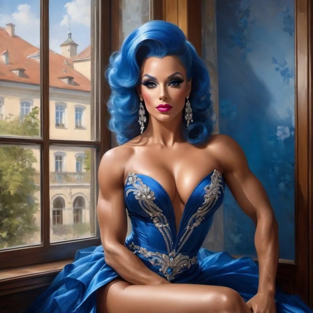 Prompt: Gorgeous ultra-muscular 25-year-old tanned Austrian drag queen bodybuilder with huge busom in a blue dress sitting on a window sill, beauty art nouveau woman, romanticism photograph, beautiful fantasy painting, elegant cinematic fantasy photography, very beautiful fantasy photography, beautiful fantasy photography, photoreal elegant, fantasy portrait, gorgeous digital photography, elegant lady, retro vintage and romanticism, ( ( konstantin razumov ) ), elegant drag queen, hyper-realistic 