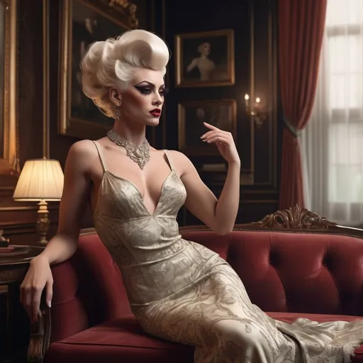 Prompt: A stunning, cinematic gigapixel photo masterfully blending photography and digital art, enhanced by the power of Unreal Engine 5 and NVIDIA Ray Tracing technology. The scene transports us to a luxurious drawing room in the 1920s, where a gorgeous, muscular 25-year-old British drag queen (strong masculine facial features) bodybuilder in an exquisite, flowing dress stands amidst opulent furnishings and intricate details. She holds a delicate fan, her thoughtful and melancholic expression hinting at the complex social games and intrigues of the era. The composition captures the glamour and elegance of the time, with a focus on the detailed interiors and her subtle facial expressions, reflecting the layered emotions and societal expectations of women during that time., cinematic, photo, fashion