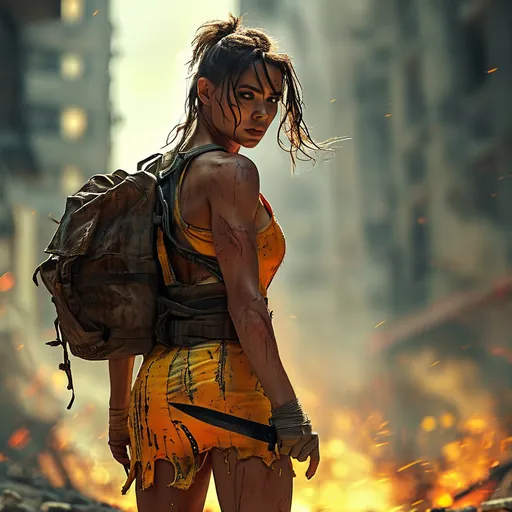 Prompt: Apocalyptic scene of a survivor, strong emotions, action, movement, gorgeous ultra-muscular 25-year-old British female goddess bodybuilder in tattered tight colorful dress, 8 inch stiletto high heel shoes, backpack, knife in belt, colorful distressed clothing, three quarter profile, wary, determined, brave, confident , searching for supplies, intense profile, post-apocalyptic setting, gritty artistic style, red and yellow tones, dramatic lighting, detailed facial features, highres, detailed