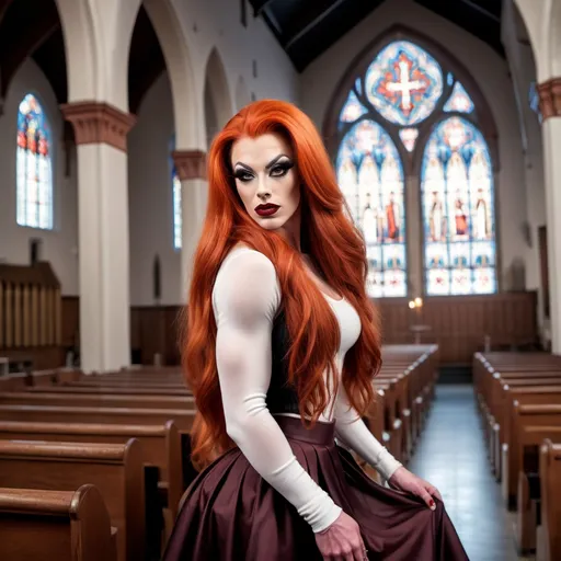 Prompt: a gorgeous ultra-muscular 25-year-old caucasian Swedish drag queen bodybuilder with very long dark orange hair, dark eyeshadow, heavy mascara, dark red lipstick, wearing a knee-length pleated skirt, long sleeve button up sweater, 8 inch stiletto high heel shoes, white tights and gloves in church