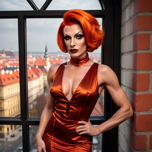 Prompt: Gorgeous muscular 35-year-old European stylish drag queen (strong masculine jawline and brow features) with short sassy orange hair, dark eyeshadow and dar red lipstick.  wearing highly textured short buttoned red satin minidress and skin colored hosiery. Prague seen in distance through window.  red, gold, yellow  and black tones, blazing fireplace, richly detailed facial features, realistic oil painting, detailed , vintage detective style, warm, moody lighting, detailed clothing,  detailed buttons and fireplace, high quality, realistic, vintage, warm lighting