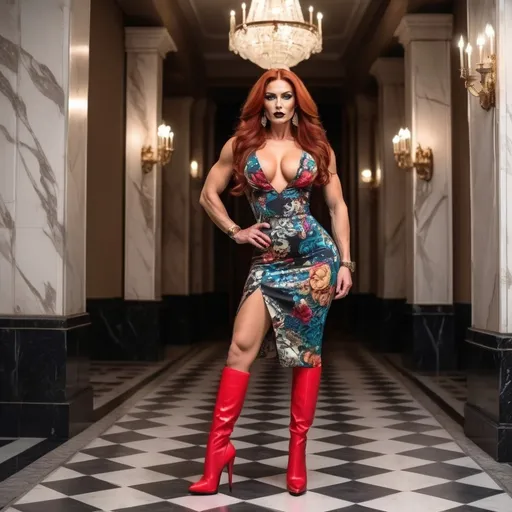 Prompt: (Gorgeous ultra-muscular 25-year-old Hungarian bodybuilder) with muscular physique, large busom, long stylish bright red hair, dark eye makeup and dark lipstick wearing a Dolce & Gabbana inspired design, (luxurious), (fashion-forward), stunning patterns, bold colors, intricate textures, modern elegance, lavish aesthetic, high-end fashion showcase, 8 inch stiletto knee-high high heel boots, opulent background, dramatic lighting, (vibrant), chic, glamorous, 4K quality, showcasing iconic elements synonymous with the brand.