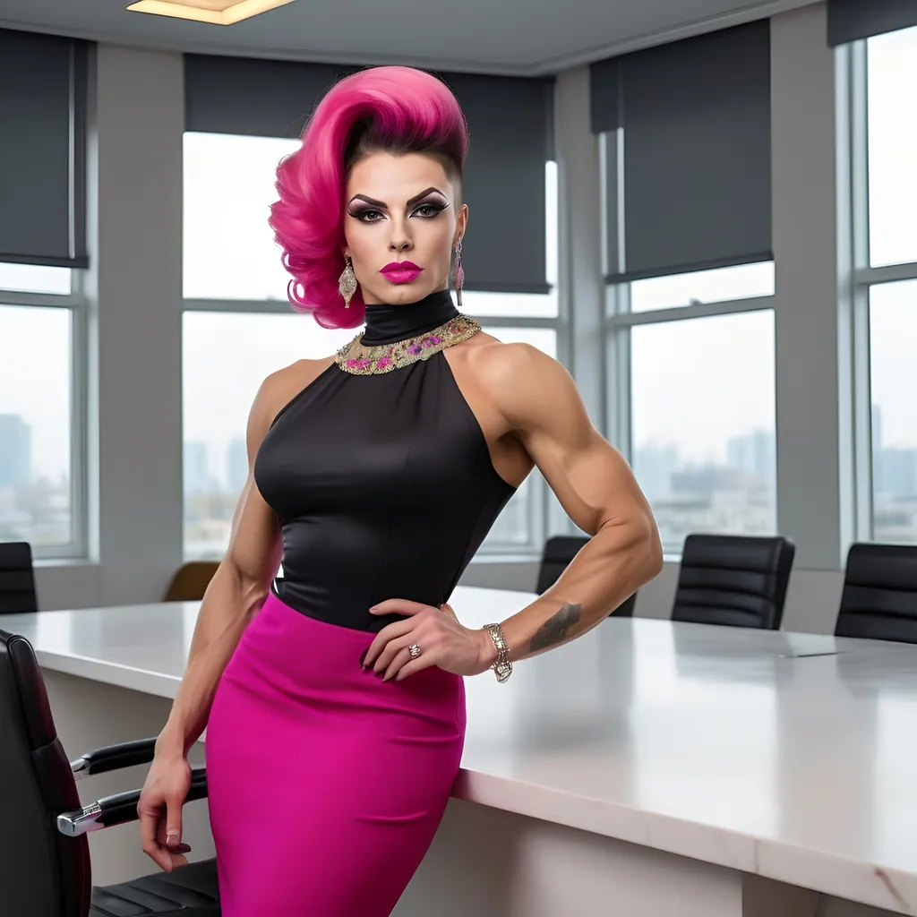 Prompt: 64k Hi-res digital hd detailed photograph of a Gorgeous, muscular, 25-year-old Ukrainian drag queen bodybuilder ((strong, masculine jawline and brow features)), dark pink updo hairstyle, wearing sophisticated multicolored business dress and white blouse, 8 inch stiletto high heel shoes, standing in a meeting room.