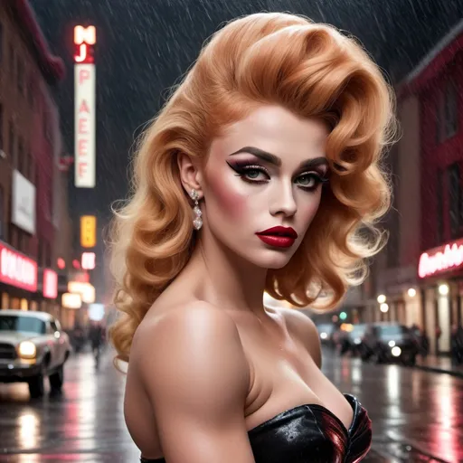 Prompt: James Dean dress as A hyper realistic flawless 25-year-old gorgeous Austrian drag queen bodybuilder with strawberry-blonde hair walking the streets as a classy debutante on a dark and rainy night. Heavy eye makeup. Dark red lipstick.