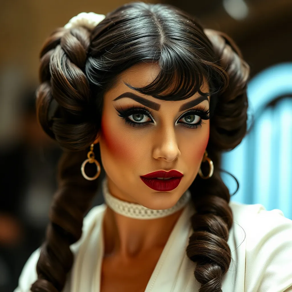 Prompt: Muscular drag queen dressed as Princess Leia. Dark eyeshadow and dark red lipstick.