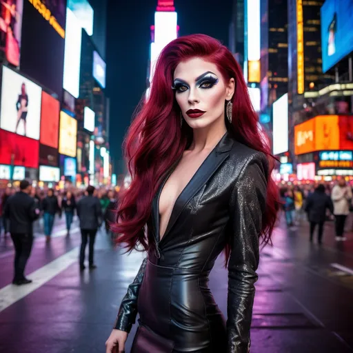 Prompt: Gorgeous masculine 25-year-old Czechian drag queen with long dark red hair wearing a combination of men's and women's clothes. 8 inch stiletto high heel shoes.  Dark eye makeup and dark lipstick.  Location: Time Square.