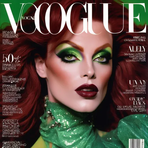 Prompt: (90s Vogue Magazine Cover), ethereal and whimsical, (vibrant color scheme), high-fashion editorial style, gorgeous muscular 35-year-old French drag queen model (masculine facial features) with sassy dark red hair, striking green eyes, dark smoky eyeshadow, enchanting expression, pretty lips, dark lipstick, luxurious glittery details, magical aesthetic, ultra-detailed, sparkly, glossy finish, captivating photography with dramatic lighting, alluring atmosphere, cosmopolitan elegance, celebrity fashion icon, stylish and trendy presentation.