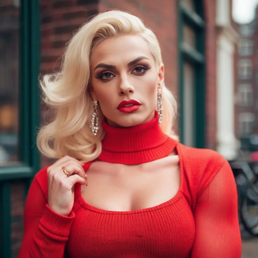 Prompt: Glamour photography of a Gorgeous muscular 25-year-old blonde Dutch drag queen Athlete (very strong masculine jawline and brow features), with large busom, glamoyr makeup, in Amsterdam in the style of Guy Aroch, Red transparent  sweater, skirt, exaggrate long earrings