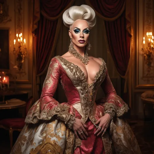 Prompt: (a stunning portrait), a Gorgeous muscular 35-year-old British drag queen (very strong masculine jawline and brow features), baroque clothing, intricate details, opulent fabrics, luxurious setting, lavish backdrop, ornate decor, rich color palette, warm and inviting tones, softly diffused lighting, (highly detailed), expressive eyes, elegant pose, sophisticated atmosphere, captivating elegance, enchanting allure.