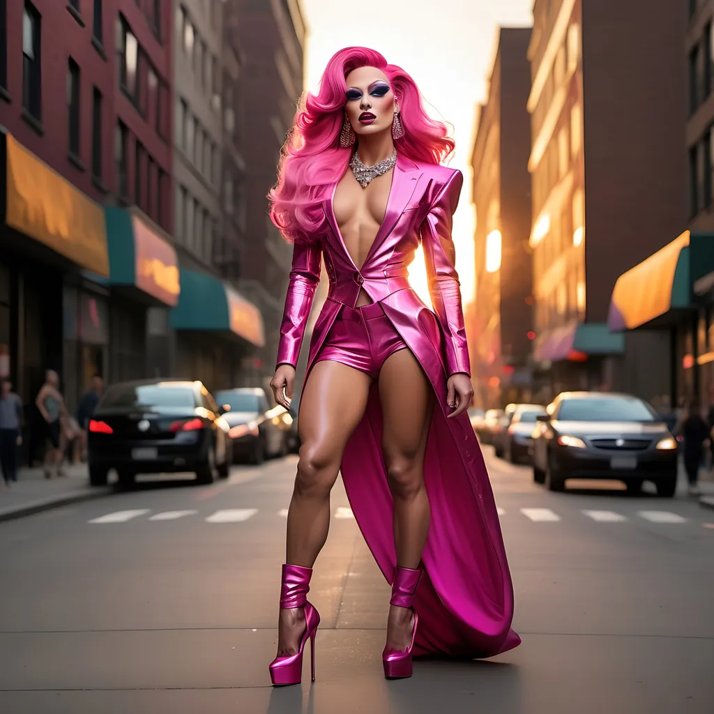 Prompt: A gorgeous ultra-muscular 25-year-old Polish genderfluid drag queen with long dark pink hair wearing an amazing ensemble of both men and women's attire, and 8 inch stiletto high heel shoes.  Walking down the street at sundown.