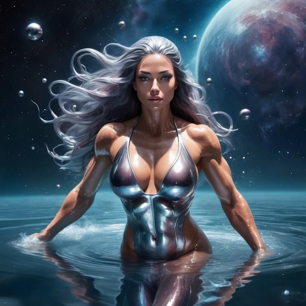 Prompt: A gorgeous ultra-muscular goddess swimming in a lake of liquid Mercury in outer space 