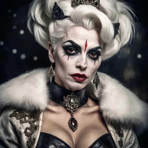 Prompt: Grunge medieval Cruella drag queen bodybuilder (strong drag queen facial features), impasto, old picture effect, whimsical, highres, detailed, medieval, impasto, old picture effect, grunge, Snow White, fairy tale, dark tones, atmospheric lighting