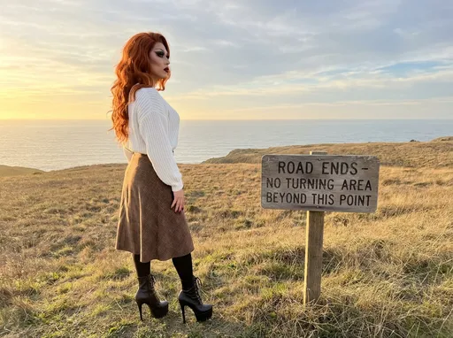 Prompt: Standing on a grassy knoll beside the sea, a muscular 35-year-old Japanese drag queen (with dark eyeshadow, dark red lipstick, dark red manicured fingernails and very long wavy burnt orange hair (blowing in the breeze)) gazes into the distance, framed by a calm coastal backdrop where the water meets the horizon under a partly cloudy sky. She wears a cozy white sweater and a brown plaid skirt, paired with black tights and 7 inch stiletto ankle boots, giving her a stylish yet relaxed appearance. Beside her, a sturdy sign clearly states, "ROAD ENDS - NO TURNING AREA BEYOND THIS POINT," emphasizing the remote and somewhat desolate nature of the location. The soft light of golden hour casts a gentle glow over the scene, reflecting off the water and creating a serene atmosphere that contrasts with the warning of the sign, hinting at a blend of beauty and caution in this quiet coastal retreat.. 