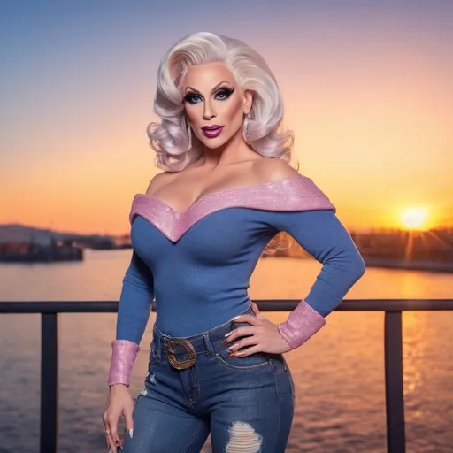 Prompt: Fantastic, flamboyant, very muscular, 35-year-old caucasian drag queen with large busom dressed in jeans and off the shoulder sweater. Hyper-realistic quality. Sunset background. 