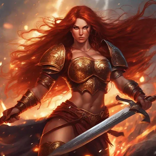 Prompt: Gorgeous ultra-muscular 25-year-old Finnish goddess warrior with huge busom and extremely long wavy dark red hair wearing bronze armour and wielding a shimmering golden sword, in a bloody and fiery battle against a vicious demon hoard.  