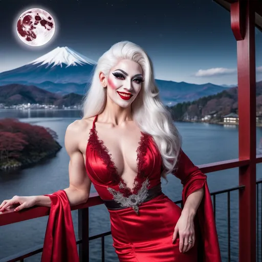 Prompt: Gorgeous muscular 25-year-old Greman drag queen (with strong masculine jawline) in a red gown, white hair, drinking blood wine at the balcony. She smiles in content and pleasure. Gothic style. Full moon. Lake Ashi with clear mount Fuji in the background. Winter time.