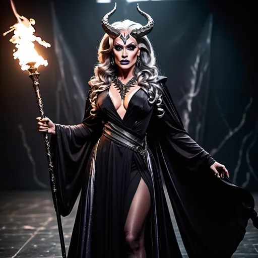 Prompt: Drag queen of darkness in battle apparel In long  medium dark black and dark grey robe with a long staff of magic , staff tip is dark grey and a dark black void.