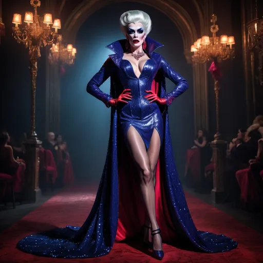 Prompt: If Dracula was a gorgeous supermodel drag queen (full length photo) with long muscular legs