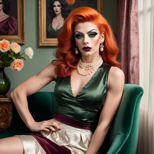 Prompt: oil painting of beautiful muscular 25-year-old Austrian drag queen (dark eyeshadow and dark red lipstick) wearing an (elegant sleeveless dark green blouse, pearl necklace), and (off-white fancy skirt,fancy dark orange hairstyle), sitting on armchair near a perfectly designed room with aesthetic wall and plum curtain, vase with flowers near the woman (close up shot) , good composition 