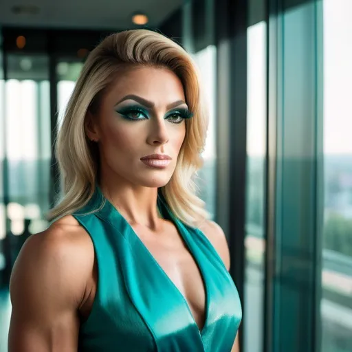 Prompt: A gorgeous ultra-muscular 25-year-old Czechian poised drag queen bodybuilder businesswoman wearing a teal shift dress, confidently standing in a bright corporate office with glass walls, her expression focused and determined, natural sunlight streaming through the windows