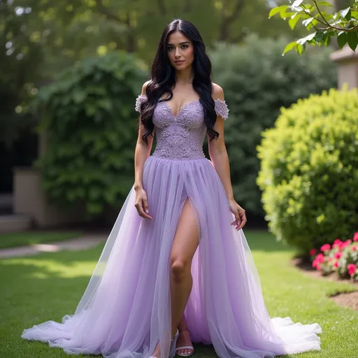 Prompt: Gorgeous ultra-muscular 25-year-old Turkish drag queen bodybuilder with very long wavy shiny black hair wearing a Pale purple wedding dress with lace bodice and high-low skirt and off the shoulder straps posing in a beautiful garden on a sunny day