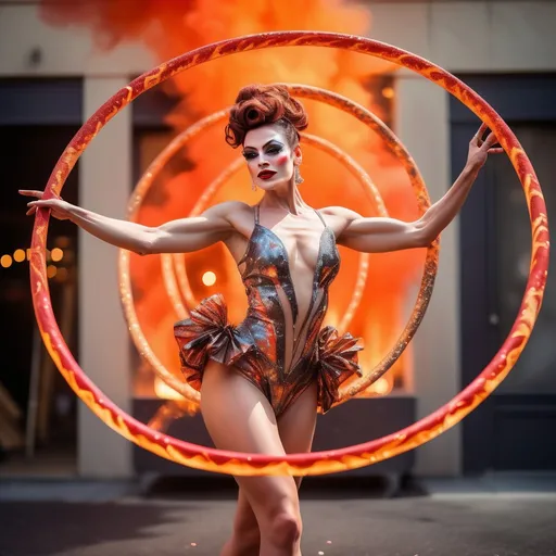 Prompt: Watercolor impressionist art, professional elegant circus stunning muscular 25-year-old French drag queen performer wearing intricate dance outfit playing a set of hula hoops made of lava elements and burning charcoal with elegant action on top of a building , and  a fire elements come out from inside her forming a orange and red trail of sparkling dress, illuminated bokeh twinkling glittery background. studio lighting. Mesmerizing and spectacular splendid performance. Masterpiece of art, thrilling and exciting to view from the audience.