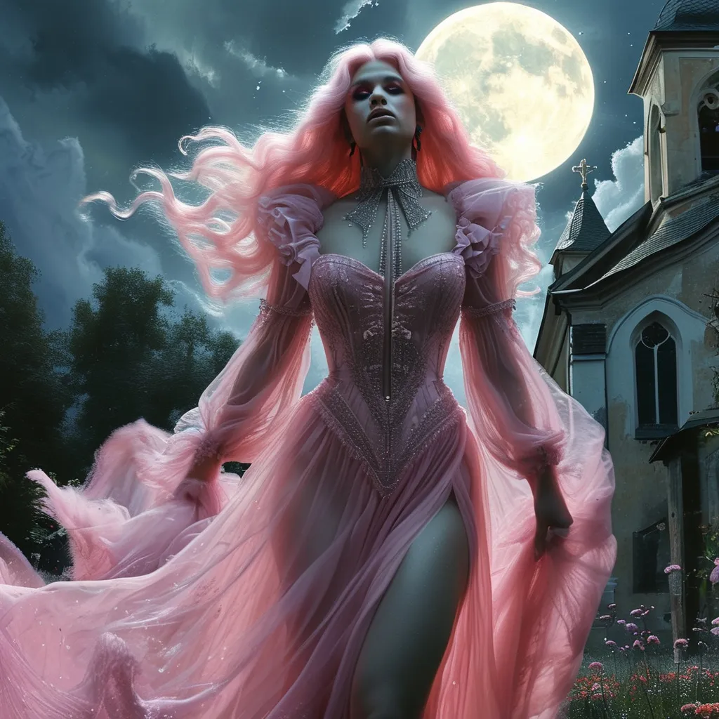 Prompt: Gorgeous 25-year-old Finnish drag queen bodybuilder with long wavy pink hair, in a high slit evening gown with a lace front and a collar, waltzes with werewolf in a churchyard under the full moon and storm clouds.