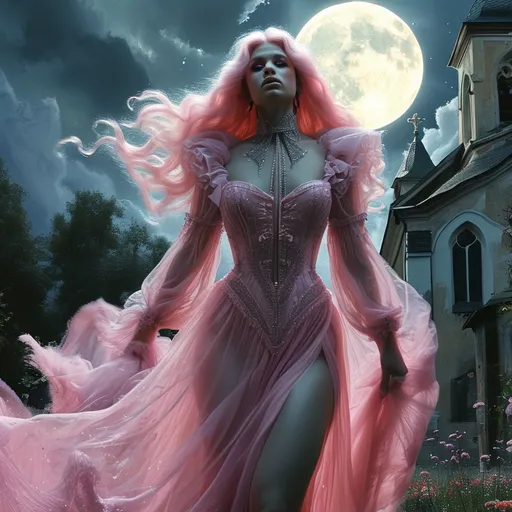 Prompt: Gorgeous 25-year-old Finnish drag queen bodybuilder with long wavy pink hair, in a high slit evening gown with a lace front and a collar, waltzes with werewolf in a churchyard under the full moon and storm clouds.