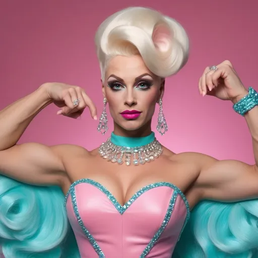 Prompt: Very detailed and hyper realistic gorgeous muscular 25-year-old Dutch drag queen bodybuilder with platinum blonde 1950s styled hair, wearing a hyper realistic and very detailed pink and aqua Prada dress 64k, ultra hd, 3d quality  500mpx reflex 