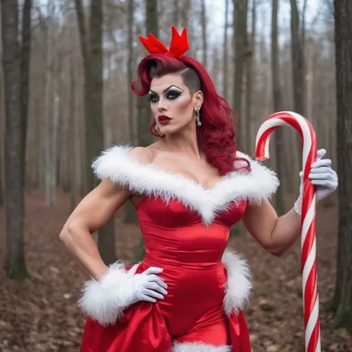 Prompt: Gorgeous 25-year-old (caucasian) muscular French drag queen ((very strong masculine jawline and brow)) with fit figure, and long dark red updo hair (((blowing in the wind))), dressed as  Mrs. Santa, sheer nylon stockings, and 8 inch stiletto high heel shoes, posing in the forest, holding a a large candy cane..