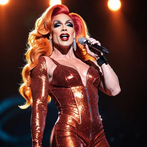 Prompt: Gorgeous muscular 35-year-old caucasian superstar drag queen (strong masculine jawline and brow features) with long flowing bright orange hair, dark eyeshadow, and dark red lipstick. Glittery sparkly knee-high sliver high heel boots.  Singing at a big concert 