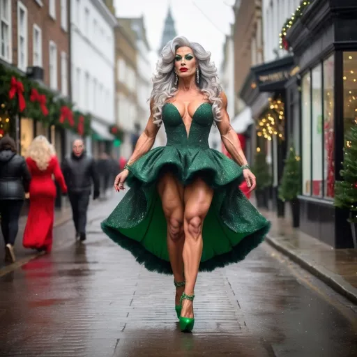 Prompt: Gorgeous muscular 35-year-old Portuguese drag queen bodybuilder with long wavy silver hair, dark eyeshadow, dark lipstick, and large busom, walking down the high street at Christmas, wearing a gorgeous Red & green gown (design as a Christmas tree) and stiletto heels, realistic, natural lighting,  snowing