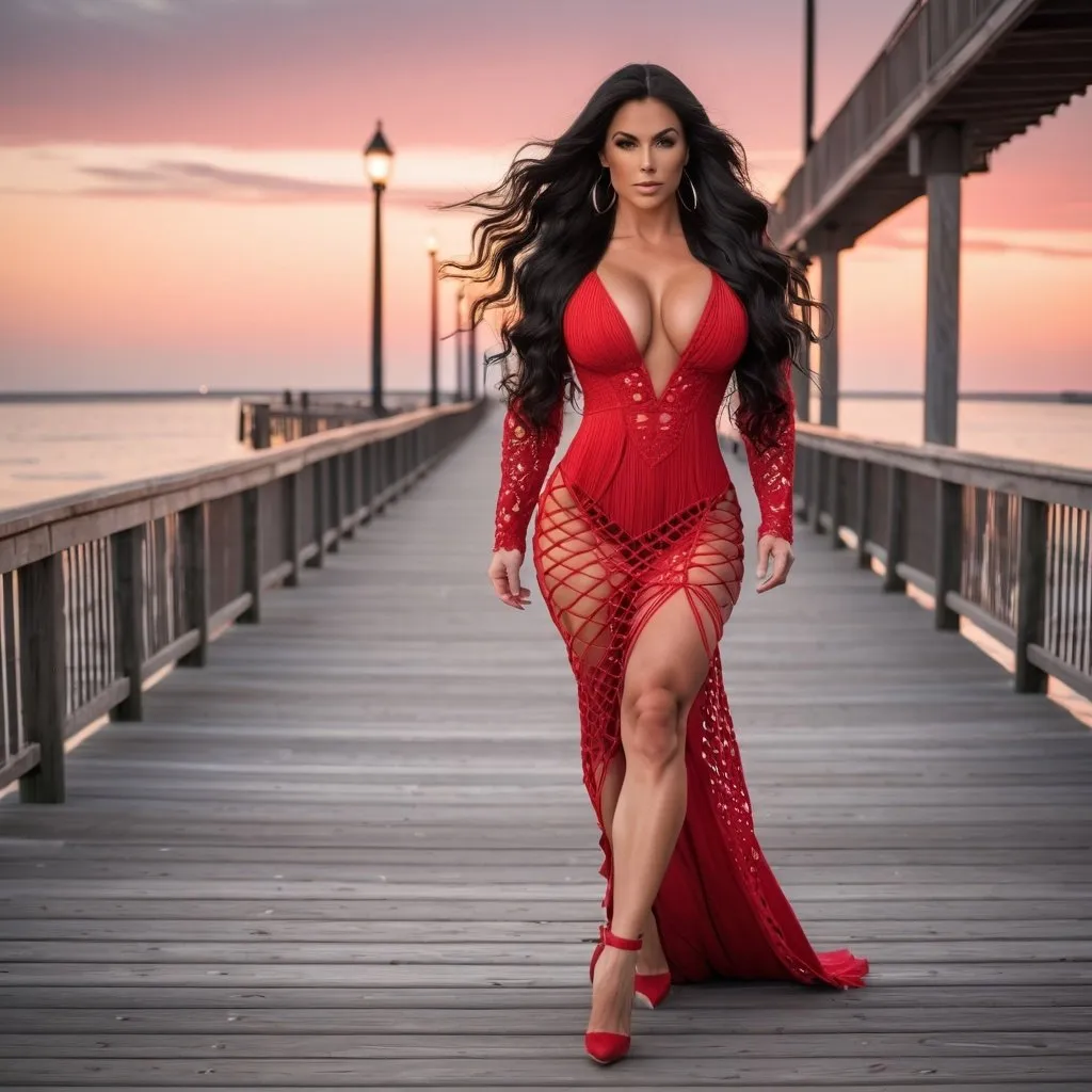 Prompt: Gorgeous ultra-muscular 25-year-old Finnish goddess bodybuilder with huge busom and ridiculously long wavy black hair wearing a beautiful red macrame dress and 8 inch stiletto high heel shoes walking on the boardwalk at dusk.