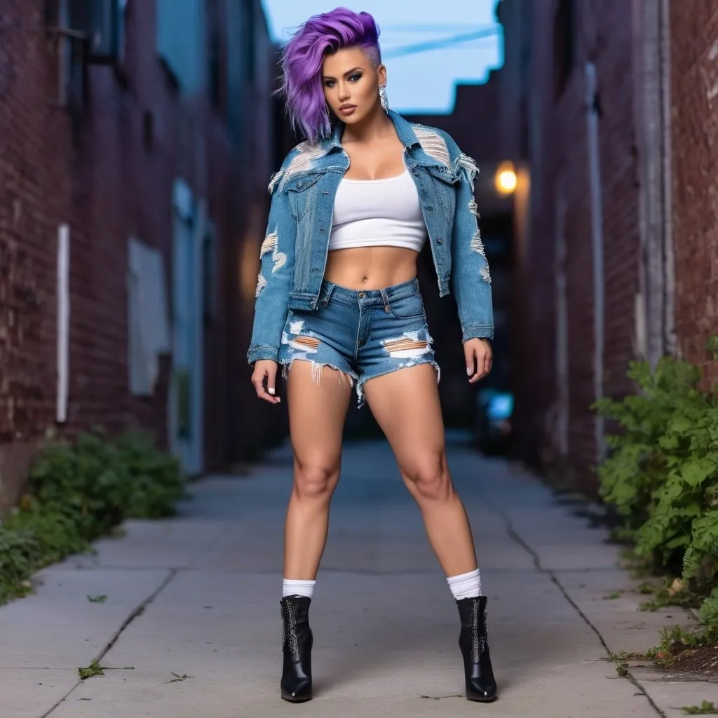 Prompt: Ultra-detailed 8k hi-res hd ultra-realistic digital photography of Gorgeous ultra-muscular 25-year-old Mid-Western goddess with huge busom and green violet short mohawk, wearing ripped denim shorts, ripped t-shirt, ripped denim jacket, ripped white tights, and black 8 inch stiletto high heel shoes, posing (flirtatiously) in a back alley at night.