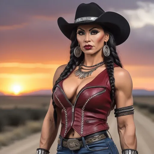 Prompt: Create a realistic depiction of a a high-quality hi-res 8k hd detailed digital photograph of a gorgeous muscular 35-year-old Native American Drag queen bodybuilder with a big busom and long dark red bubble braided hair, wearing tight ripped jeans, leather vest, cowboy hat, and 8 inch stiletto thigh-high high heel boots walking a dirt road at sunset, smirking.