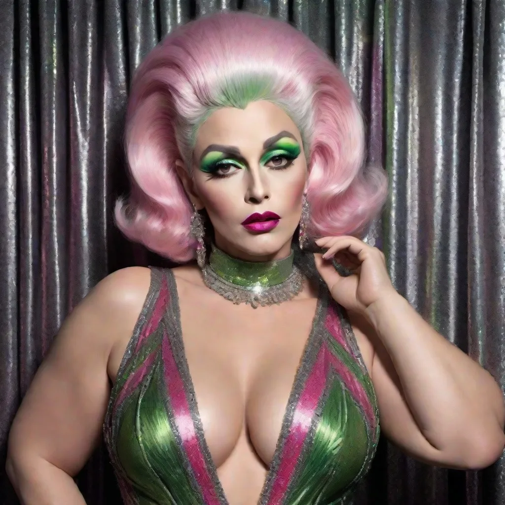 Prompt: image of James Dean dressed as a gorgeous 45-year-old (((full figured))) Czechian drag queen with very long professionally styled silver & black hair, wearing a flamboyant, yet conservative pink yellow and green Bob Mackie designer Gown, heavy eye makeup,  dark red lipstick, posing in a smokey Cabaret. hyper-realistic quality, ultra-detailed 4K imagery.