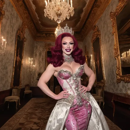 Prompt: Gorgeous muscular 25-year-old British drag queen Princess, with big busom, dark red hair, and burgundy lipstick, at a ball in the Rococo hall, dress half pink, half white, studded collar, stiletto heels, small details, smiling, huge fangs, radiance, flowers, cracks, thorns, full length, slightly at a distance, volume, guro, anatomy, hyper realistic , nightmare aesthetics, horroblood style,  reality, symbiosis, hybrid, abstraction, deep rendering, professional photography, cinematography, full detail, elaboration of hands and fingers