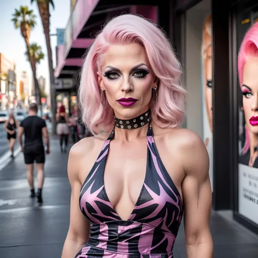 Prompt:  Gorgeous muscular 35-year-old Danish drag queen with cute sassy platinum pink hair, dark eyeshadow,  dark lipstick,  wearing A trendy short printed halter dress popular in the United States, designed for women aged 25-35. Posing on Hollywood Boulevard. 