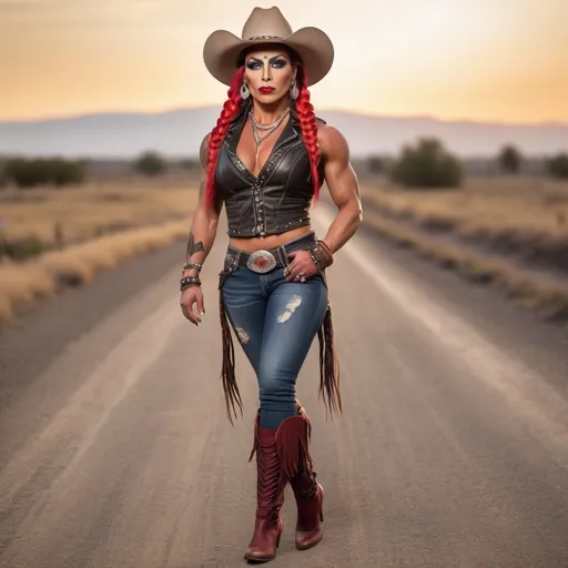 Prompt: Create a realistic depiction of a gorgeous muscular 35-year-old Native American Drag queen bodybuilder with a big busom and long dark red bubble braided hair, wearing tight ripped jeans, leather vest, cowboy hat, and 8 inch stiletto thigh-high high heel boots walking a dirt road at sunset, smirking.