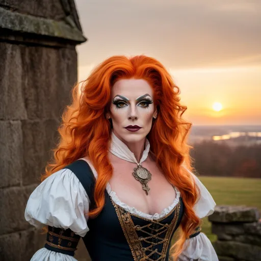 Prompt: Gorgeous muscular 35-year-old Irish drag queen Pilgrim with orange hair, immaculate fashion makeup,  posing in 17th century America at sunrise.